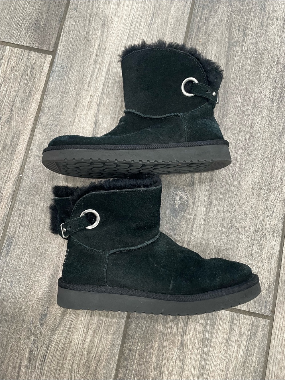 UGG Black Suede Short Shearling Booties with Buckle Accent